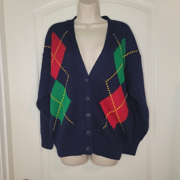 Sasha Sweaters - Vintage 90s Just Sasha Oversized Argyle Cardigan Sweater Grandmacore